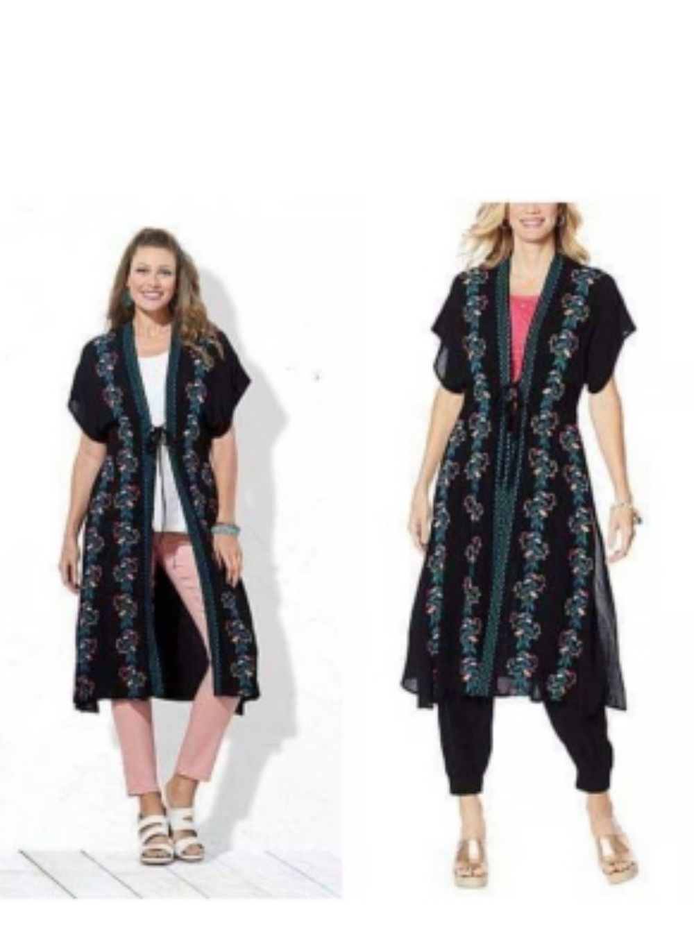 CURATIONS 🆕 Duster. Black with Bright colorful embroidery. Tie at waist. Size PL